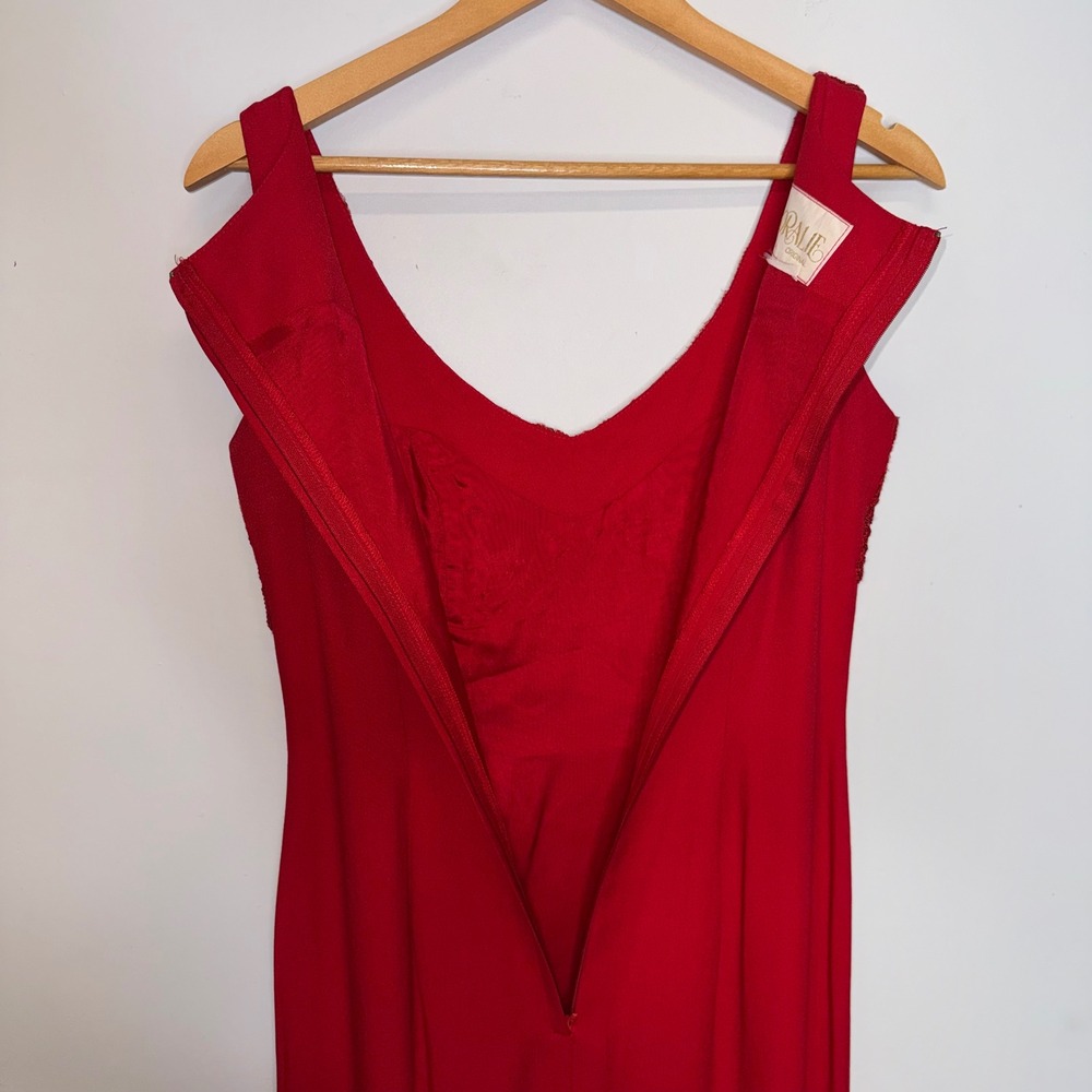 Loralie Original Vintage Red Embroidered Ruffle Maxi Dress V-Neck Formal Gown - Picture 6 of 10